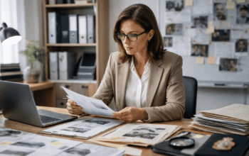 Professional forensic psychologist reviewing case files and behavioral evidence in a modern office