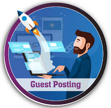 Guest posting concept with person working on laptop and rocket launch for google