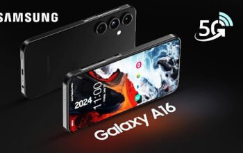 Samsung Galaxy A16 5G smartphone showcasing front display and rear camera design on a dark background.