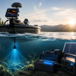 Modern fish finder setup on a fishing boat with advanced sonar technology, portable power stations, lithium batteries, and solar charging equipment displayed in a split underwater lake scene at sunrise.