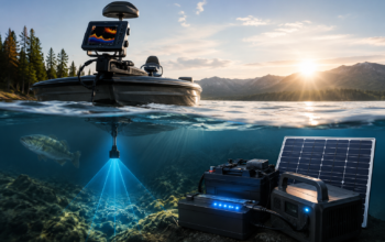 Modern fish finder setup on a fishing boat with advanced sonar technology, portable power stations, lithium batteries, and solar charging equipment displayed in a split underwater lake scene at sunrise.