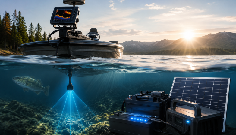 Modern fish finder setup on a fishing boat with advanced sonar technology, portable power stations, lithium batteries, and solar charging equipment displayed in a split underwater lake scene at sunrise.