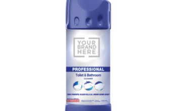 Bottle of professional toilet and bathroom cleaner with angled nozzle for easy application