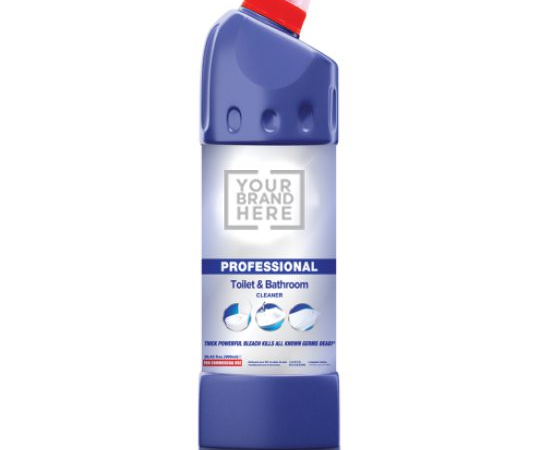 Bottle of professional toilet and bathroom cleaner with angled nozzle for easy application